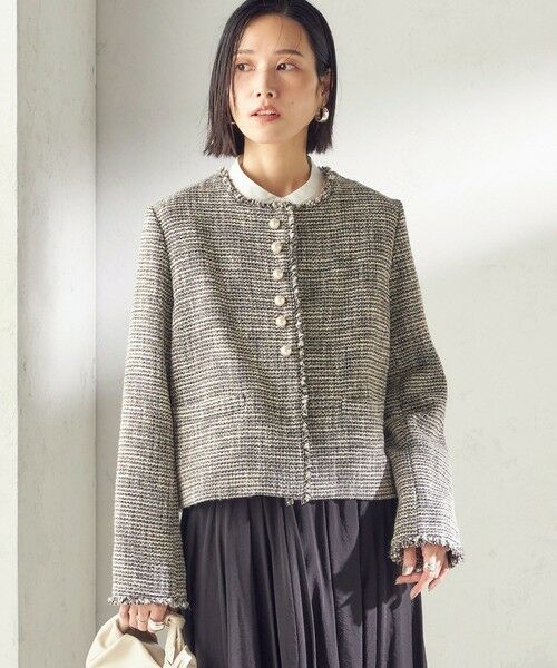 SHIPS / シップス ノーカラージャケット | トライスピン 杢 ツイード パール モチーフ ボタン ジャケット（セレモニー対応可） | 詳細30
