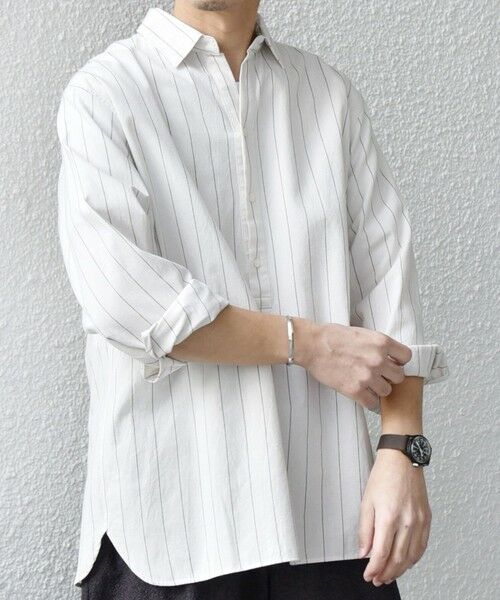 SHIPS / シップス シャツ・ブラウス | SHIPS any:〈洗濯機可能〉コットン/リネン 7分袖 ストライプ スキッパー プルオーバー シャツ◇(ホワイト)