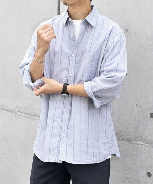 SHIPS / シップス シャツ・ブラウス | SHIPS any: 〈洗濯機可能〉コットン / リネン ブルー ストライプ 7分袖 レギュラー シャツ◇(ダークグレー)