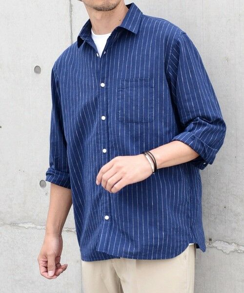 SHIPS / シップス シャツ・ブラウス | SHIPS any: 〈洗濯機可能〉コットン / リネン ブルー ストライプ 7分袖 レギュラー シャツ◇(ダークブルー)