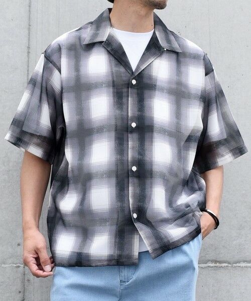 SHIPS / シップス シャツ・ブラウス | SHIPS any: メッシュ オンブレチェック / ウェーブ パターン オープンカラー シアー シャツ◇(グレー)