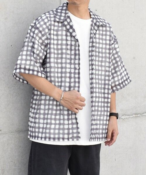 SHIPS / シップス シャツ・ブラウス | SHIPS any: メッシュ オンブレチェック / ウェーブ パターン オープンカラー シアー シャツ◇(チャコールグレー)