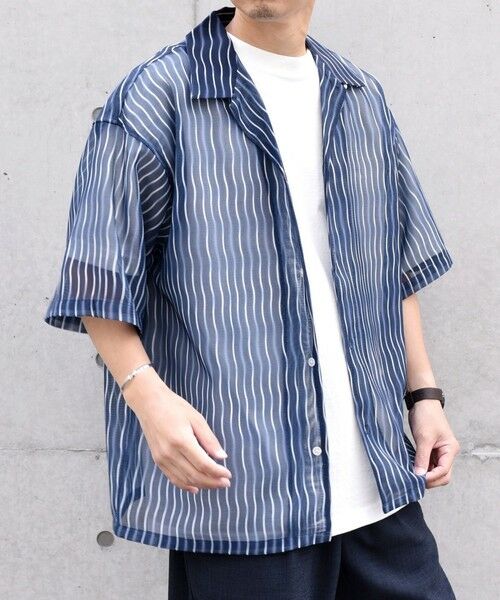 SHIPS / シップス シャツ・ブラウス | SHIPS any: メッシュ オンブレチェック / ウェーブ パターン オープンカラー シアー シャツ◇(ネイビー)