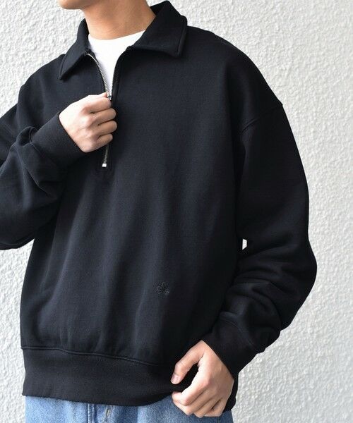 SHIPS / シップス スウェット | SHIPS any: ワンポイント 刺繍 ロゴ ハーフジップ ポロ スウェット (ユニセックス)◇(ブラック)