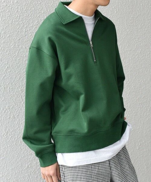 SHIPS / シップス スウェット | SHIPS any: ワンポイント 刺繍 ロゴ ハーフジップ ポロ スウェット (ユニセックス)◇(グリーン)