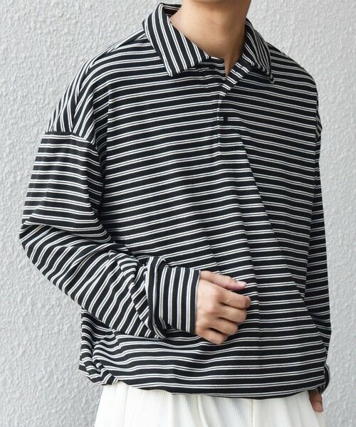 SHIPS / シップス ポロシャツ | SHIPS any: ブラッシュド マルチボーダー ヘムタック スピンドル ポロシャツ◇(ブラック)