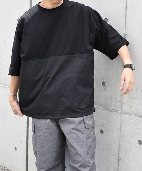 SHIPS / シップス Tシャツ | SHIPS any: コットン / ナイロン コンビ スケアスリーブ スピンドル ワイド Tシャツ◇(ブラック)