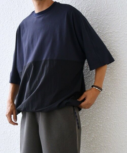 SHIPS / シップス Tシャツ | SHIPS any: コットン / ナイロン コンビ スケアスリーブ スピンドル ワイド Tシャツ◇(ネイビー)