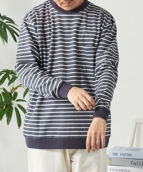 SHIPS / シップス Tシャツ | SHIPS any: ソリッド / ボーダー スウェットライク Tシャツ (ロンT)◇(ネイビー)