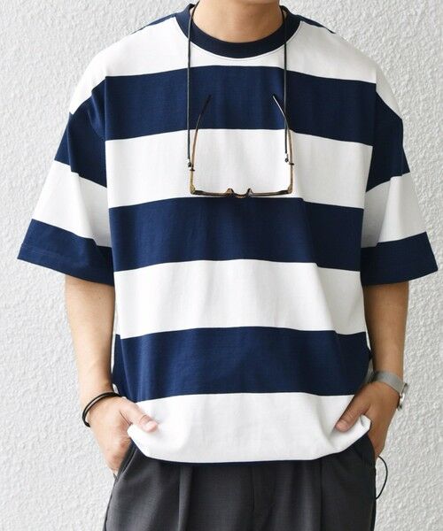 SHIPS / シップス Tシャツ | SHIPS any: ワイド カラー ボーダー スピンドル Tシャツ◇(ネイビー)