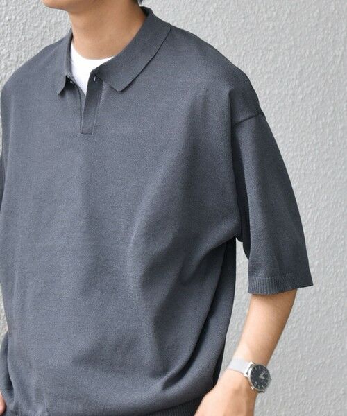 SHIPS / シップス ポロシャツ | SHIPS any:〈手洗い可能〉リネンミックス ハイゲージ ニット スキッパー ポロシャツ◇(チャコールグレー)