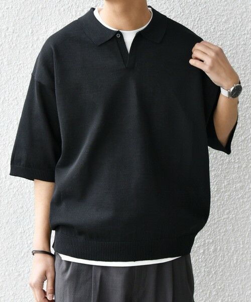 SHIPS / シップス ポロシャツ | SHIPS any:〈手洗い可能〉リネンミックス ハイゲージ ニット スキッパー ポロシャツ◇(ブラック)