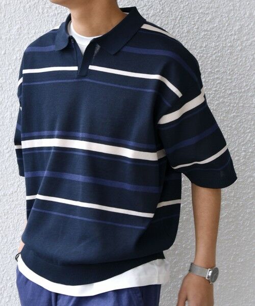 SHIPS / シップス ポロシャツ | SHIPS any:〈手洗い可能〉リネンミックス ハイゲージ ニット スキッパー ポロシャツ◇(ネイビー)
