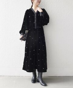 SHIPS / シップス ロング・マキシ丈ワンピース | 《予約》SHIPS any:〈手洗い可能〉ポリエステル ベロア 刺繍 タック フレア ワンピース