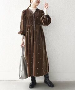 SHIPS / シップス ロング・マキシ丈ワンピース | 《予約》SHIPS any:〈手洗い可能〉ポリエステル ベロア 刺繍 タック フレア ワンピース