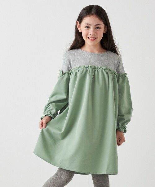 SHIPS / シップス ロング・マキシ丈ワンピース | SHIPS any:〈洗濯機可能〉ボーダー/ソリッド 切り替え ワンピース<KIDS>(ライトグリーン)