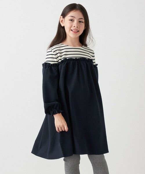 SHIPS / シップス ロング・マキシ丈ワンピース | SHIPS any:〈洗濯機可能〉ボーダー/ソリッド 切り替え ワンピース<KIDS>(ネイビー)