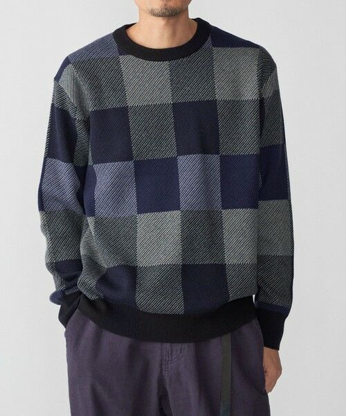 SHIPS / シップス ニット・セーター | SHIPS: 〈洗濯機可能〉チェック コットンカシミヤ クルーネック（ネイビー）
