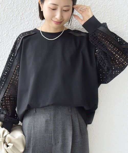 SHIPS / シップス カットソー | 《予約》【WEB限定】〈手洗い可能〉レース コンビ カットソー（ブラック）