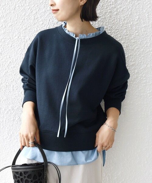 SHIPS / シップス スウェット | 《予約》【WEB限定】〈手洗い可能〉ブラウス コンビ スウェット プルオーバー（ネイビー）