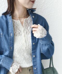 SHIPS / シップス カットソー（半袖以外） | 《予約》〈手洗い可能〉ラメ ラッセル レース ヘンリー ネック 2WAY プルオーバー