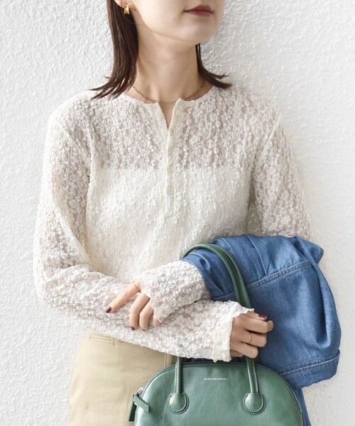 SHIPS / シップス カットソー（半袖以外） | 《予約》〈手洗い可能〉ラメ ラッセル レース ヘンリー ネック 2WAY プルオーバー | 詳細7