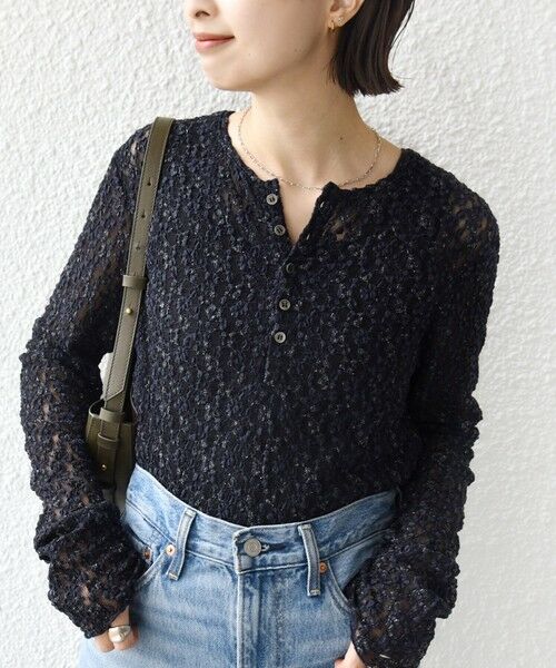 SHIPS / シップス カットソー（半袖以外） | 《予約》〈手洗い可能〉ラメ ラッセル レース ヘンリー ネック 2WAY プルオーバー | 詳細24