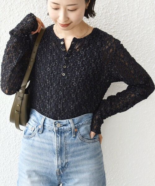 SHIPS / シップス カットソー（半袖以外） | 《予約》〈手洗い可能〉ラメ ラッセル レース ヘンリー ネック 2WAY プルオーバー | 詳細25