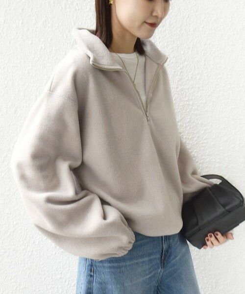 SHIPS / シップス カットソー(半袖以外) | 〈洗濯機可能〉フリース 裾 ドロスト ハーフ ジップ プルオーバー(ナチュラル)