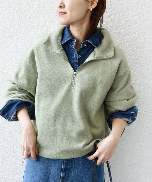 SHIPS / シップス カットソー（半袖以外） | 《一部追加予約》〈洗濯機可能〉フリース 裾 ドロスト ハーフ ジップ プルオーバー（ライトグリーン）