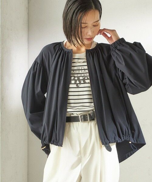 SHIPS / シップス ブルゾン | 《予約》〈 接触冷感 / 撥水加工〉TEXBRID(R) タフタ ギャザー 羽織 ブルゾン（ネイビー）