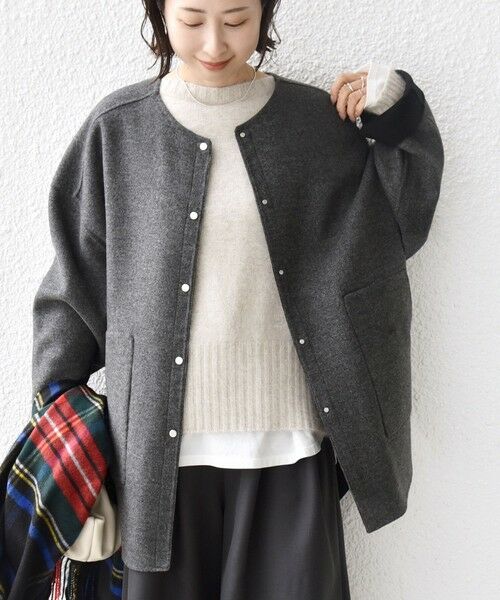 SHIPS / シップス その他アウター | セミ 梳毛 配色 リバー ノーカラー コート（グレー）