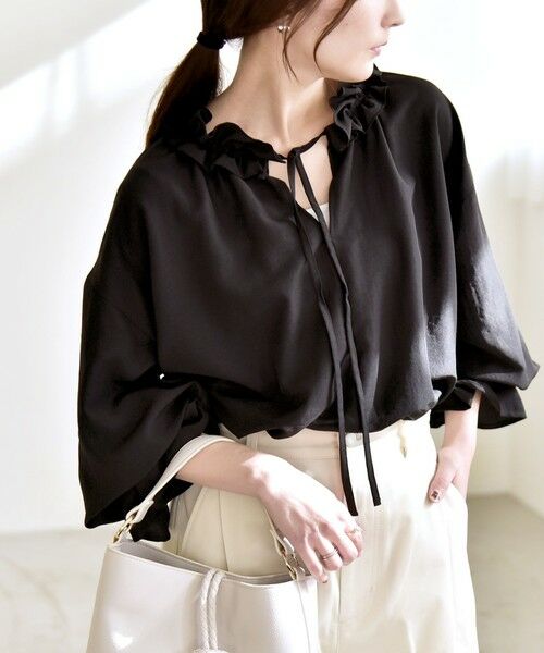 SHIPS / シップス シャツ・ブラウス | 《予約》quaranciel:〈洗濯機可能〉フリルカラー リボン ロングスリーブ ブラウス（ブラック）