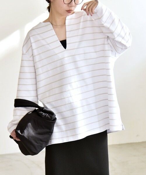 SHIPS / シップス Tシャツ | 《予約》quaranciel:〈洗濯機可能〉ボーダー スキッパー ロングスリーブ プルオーバー（ライトグレー）