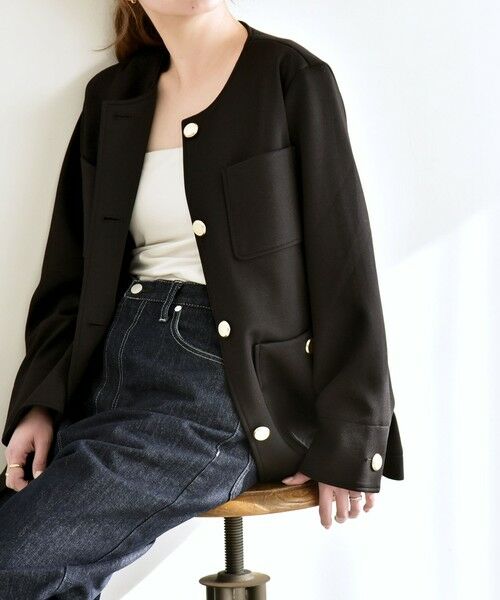 SHIPS / シップス ノーカラージャケット | 《予約》quaranciel:〈手洗い可能〉ジャージー ポケット ノーカラー ジャケット（ブラック）