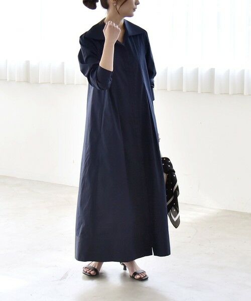 SHIPS / シップス ロング・マキシ丈ワンピース | 《予約》quaranciel:〈洗濯機可能〉ビッグカラー Aライン シャツ ワンピース（ネイビー）