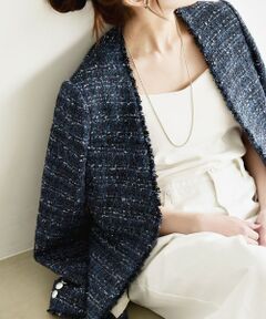 SHIPS / シップス ノーカラージャケット | 《予約》quaranciel: ツイード ノーラペル フリンジ ジャケット