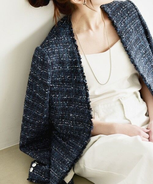 SHIPS / シップス ノーカラージャケット | 《予約》quaranciel: ツイード ノーラペル フリンジ ジャケット（ネイビー）