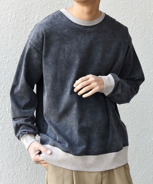 SHIPS / シップス Tシャツ | 【SHIPS any別注】ONEITA: ケミカルウォッシュ リラックス リンガー Tシャツ(ロンT)◆（ブラック）