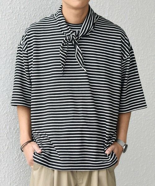 SHIPS / シップス Tシャツ | SHIPS any:〈洗濯機可能〉マリンテイスト ボーダー リラックス Tシャツ(スカーフ付き)◆（ブラック）