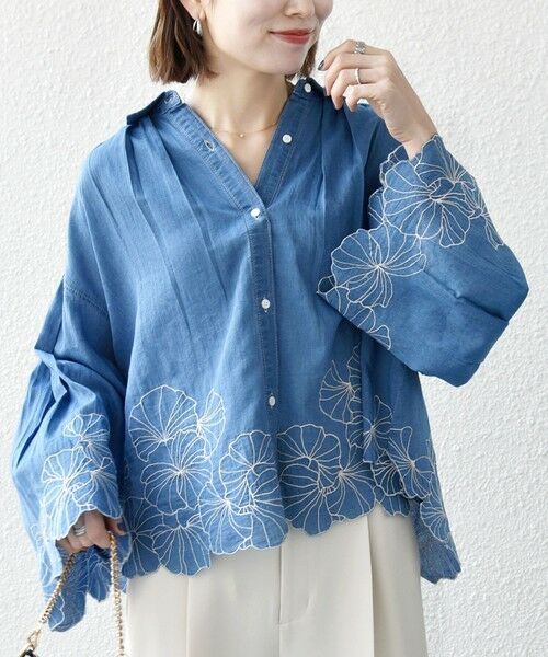 SHIPS / シップス シャツ・ブラウス | 《予約》SHIPS any:〈手洗い可能〉シアー デニム フラワー エンブロ タック シャツ | 詳細3
