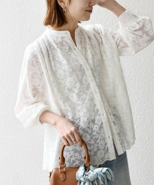 SHIPS / シップス シャツ・ブラウス | 《予約》SHIPS any:〈手洗い可能〉フラワー メッシュ レース バンドカラー タック シャツ | 詳細7
