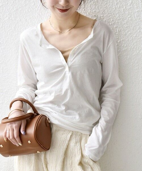 SHIPS / シップス カットソー(半袖以外) | 《予約》SHIPS any:〈手洗い可能〉シアー コットン ヘンリーネック ロングスリーブ TEE(オフホワイト)