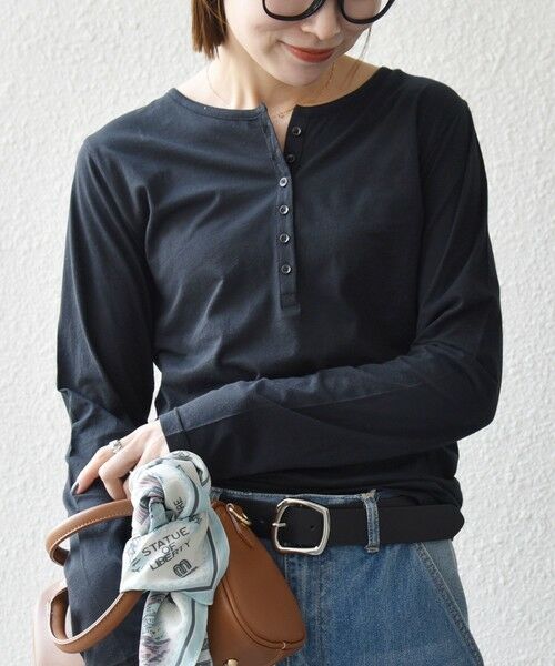 SHIPS / シップス カットソー(半袖以外) | 《予約》SHIPS any:〈手洗い可能〉シアー コットン ヘンリーネック ロングスリーブ TEE(ブラック)