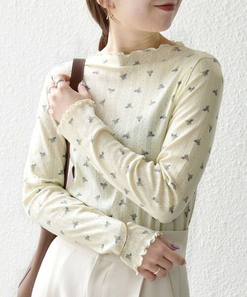 SHIPS / シップス カットソー | 《予約》SHIPS any:〈洗濯機可能〉フラワー プリント ボトルネック ロングスリーブ TEE（ライトグリーン）