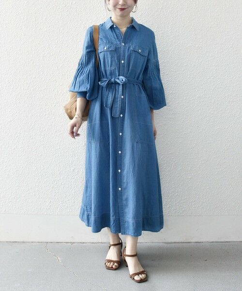 SHIPS / シップス ミニ丈・ひざ丈ワンピース | 《予約》SHIPS any:〈手洗い可能〉シアー デニム ポケット ロング シャツ ワンピース（ライトブルー）