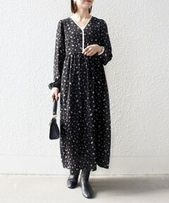 SHIPS / シップス ロング・マキシ丈ワンピース | 《予約》SHIPS any:〈洗濯機可能〉フラワー プリント ウエストギャザー Vネック ワンピース