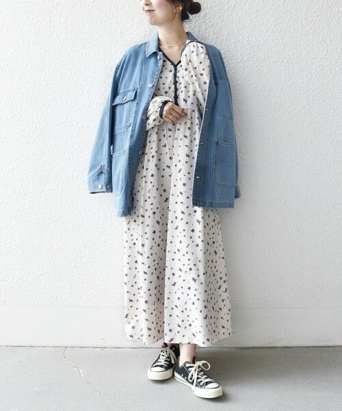 SHIPS / シップス ロング・マキシ丈ワンピース | 《予約》SHIPS any:〈洗濯機可能〉フラワー プリント ウエストギャザー Vネック ワンピース（ナチュラル）