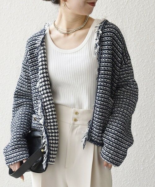 SHIPS / シップス カーディガン・ボレロ | 《予約》SHIPS any:〈手洗い可能〉フリンジ Vネック カーディガン ジャケット（ネイビー）