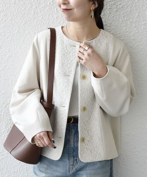 SHIPS / シップス ノーカラージャケット | 《予約》SHIPS any:〈手洗い可能〉ダブルクロス レース 切替 ノーカラー ジャケット［NAVY BLUE］ | 詳細3